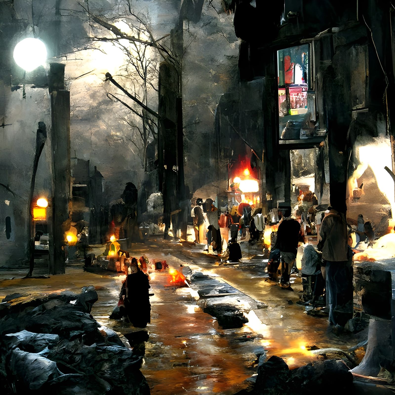 Rainy Night Street Scene in Dark Fantasy Style