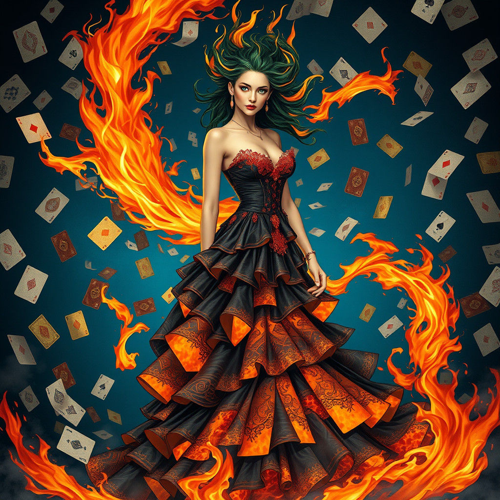 Flame-Haired Woman Amidst Swirling Cards: Digital Art