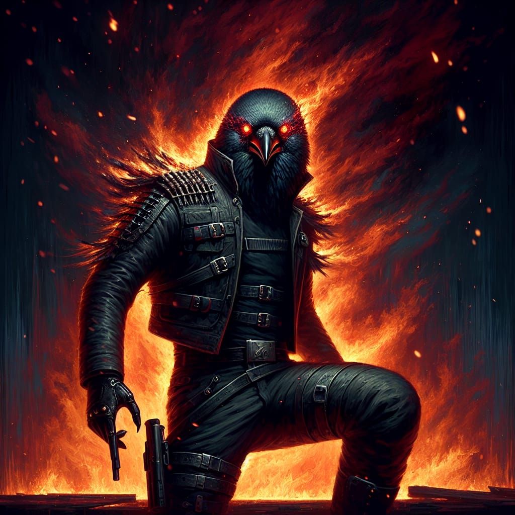 Anthropomorphic Crow in Apocalyptic Setting, Symbolism Style