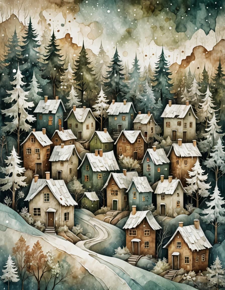Detailed Winter Houses and Trees in Mixed Media