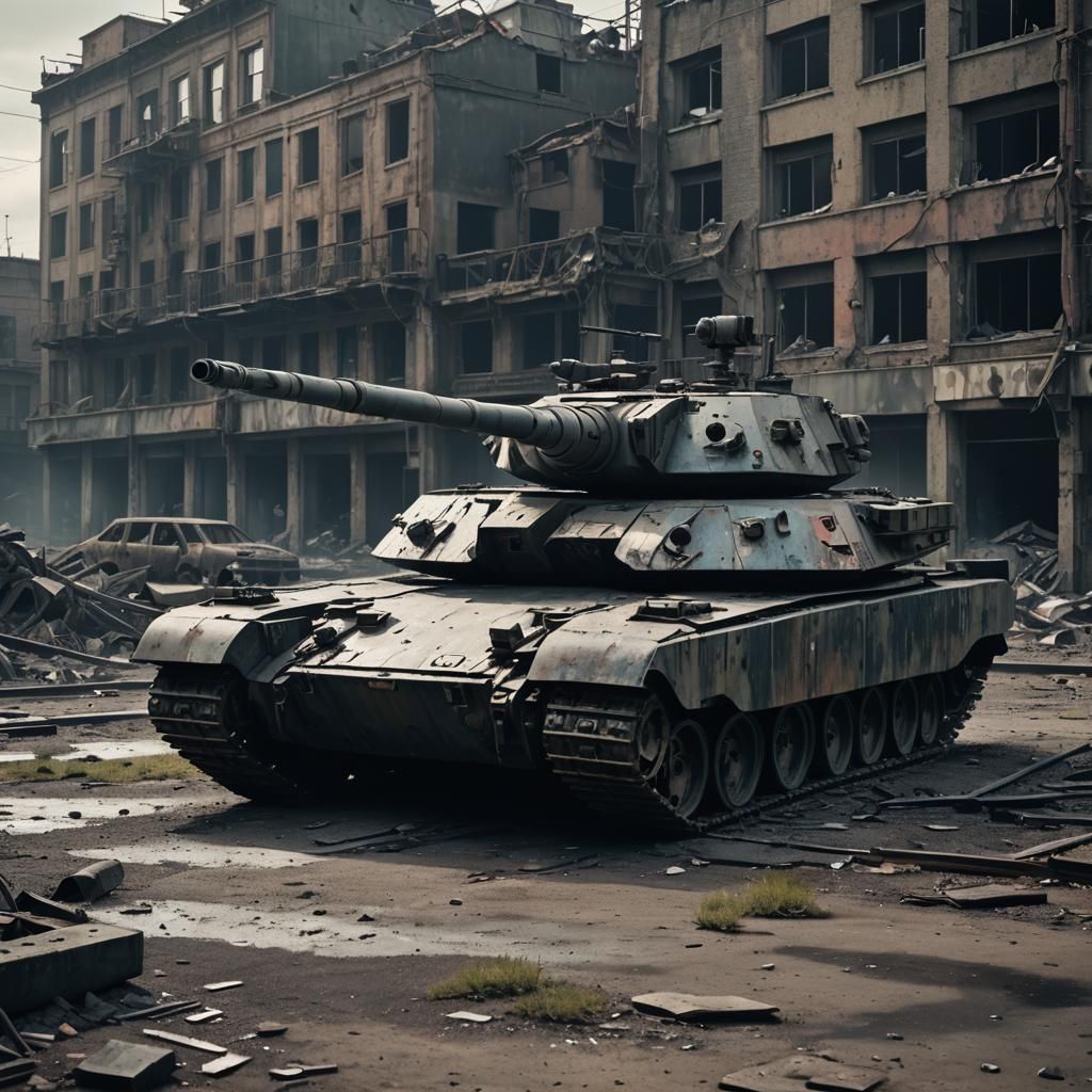 Futuristic Tank in Abandoned City: Cinematic Film Still