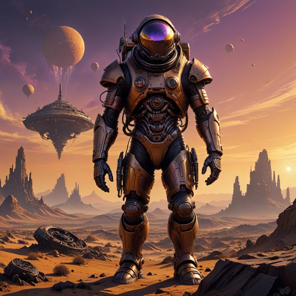 Steampunk Astronaut on Alien Planet with UFO, Giger Style