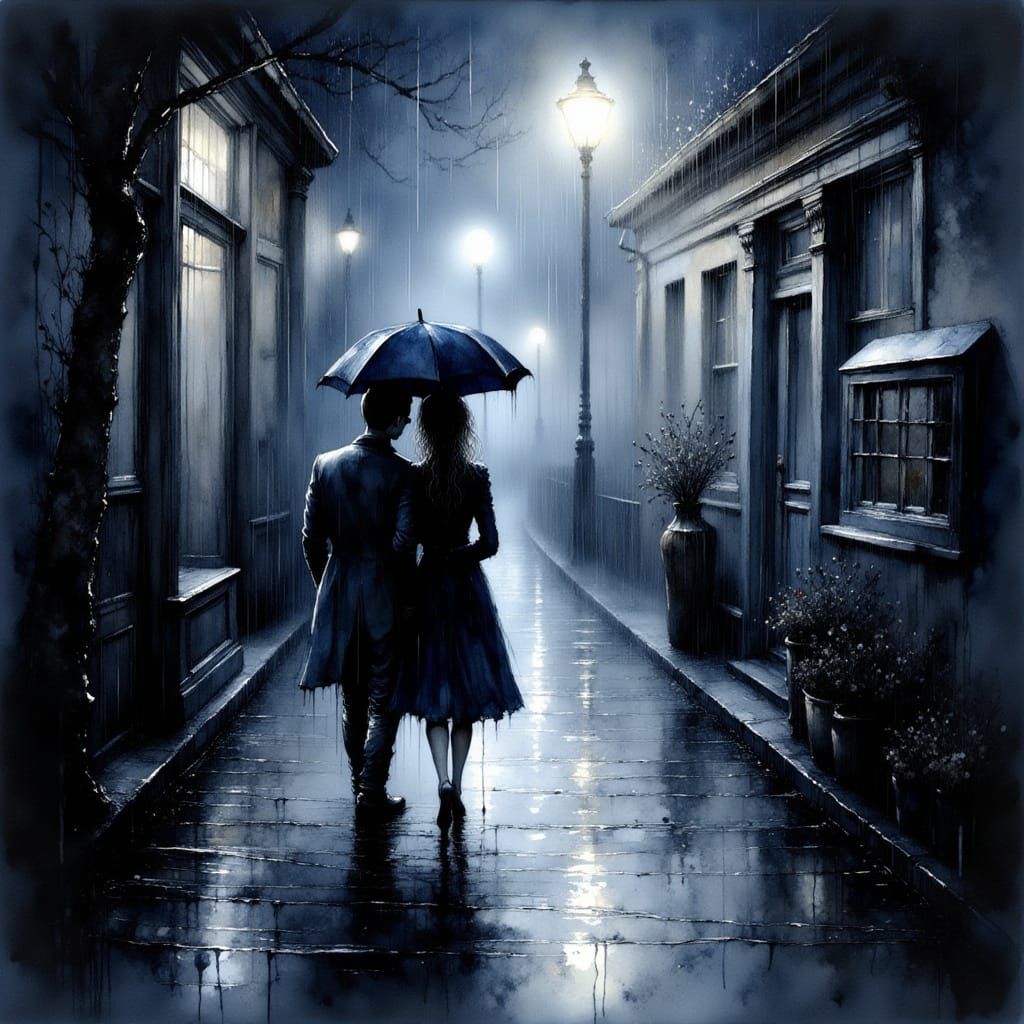 Moody Black and White Rainy Scene with Blue Accent