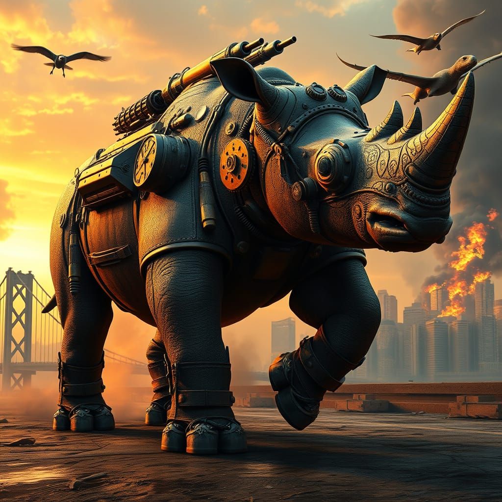Ancient Steampunk Rhino Dominates the Ruins of New York City
