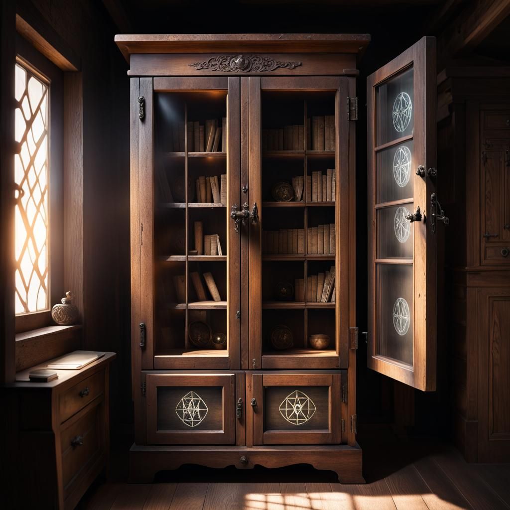 Antique Cabinet with Cursed Box and Runes