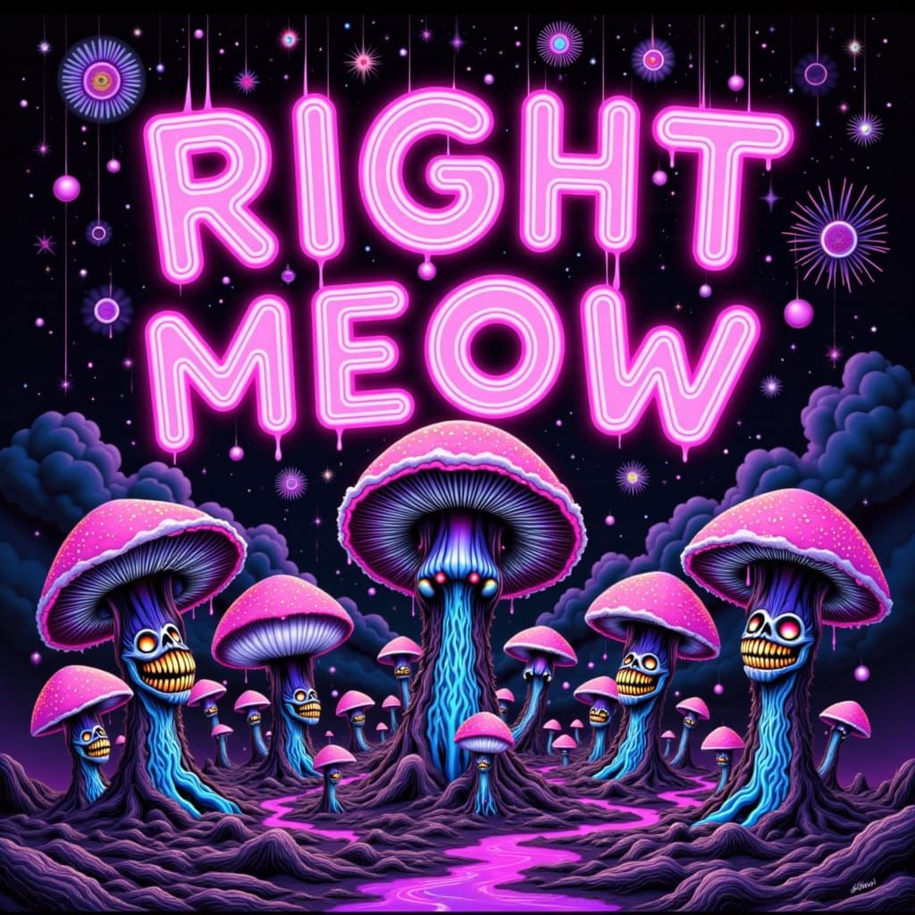 Cute Neon Pink "RIGHT MEOW" Text with Psychedelic Art