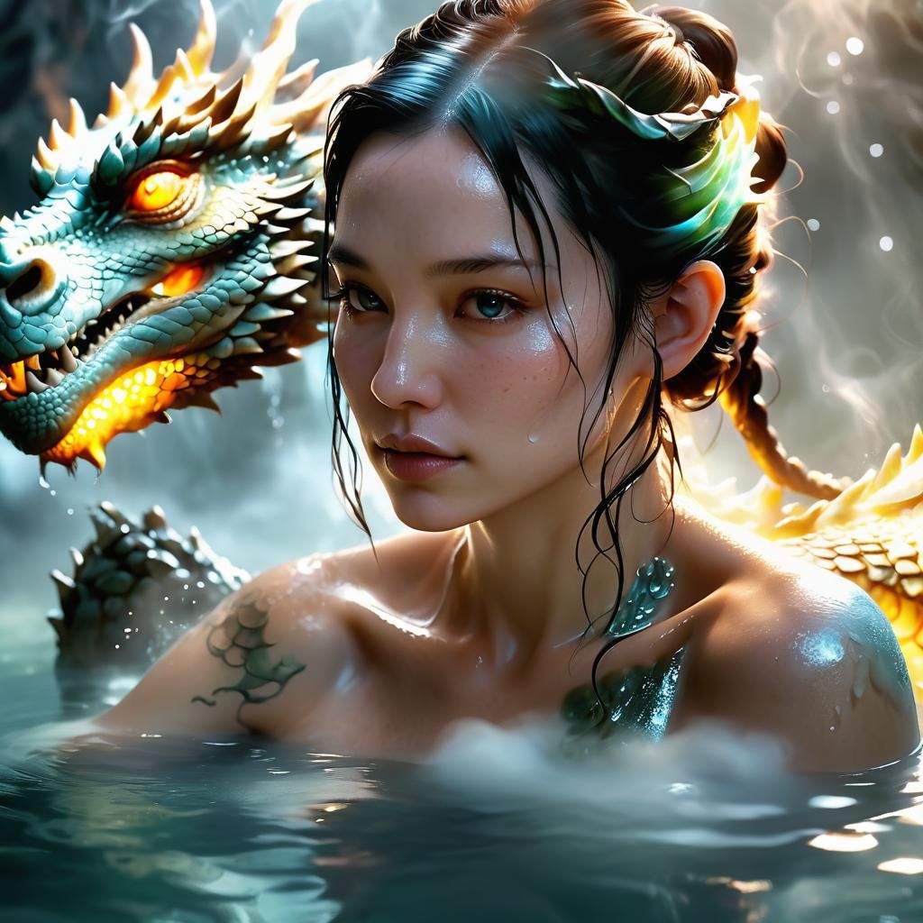 Woman and Luminous Dragon in Misty Bath: Digital Art