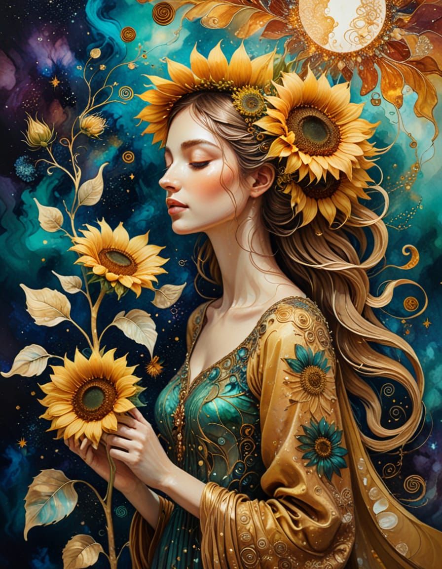 Surreal Sunflower Girl in Space: Mixed Media Painting