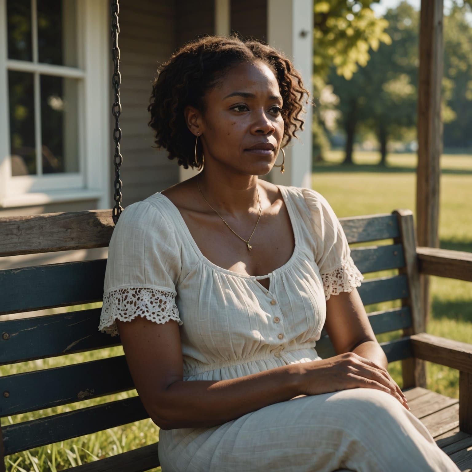 Sad Woman Crying on Porch Swing, Hyperreal 3D