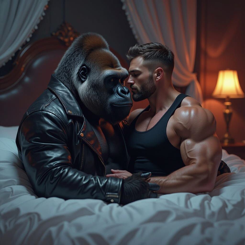 Gorilla Kisses Bodybuilder in Intimate Bedroom Scene