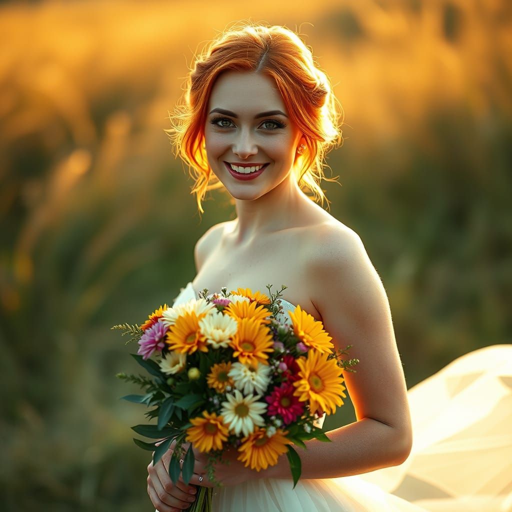 Radiant Bride with Summer Bouquet: Cinematic Portrait