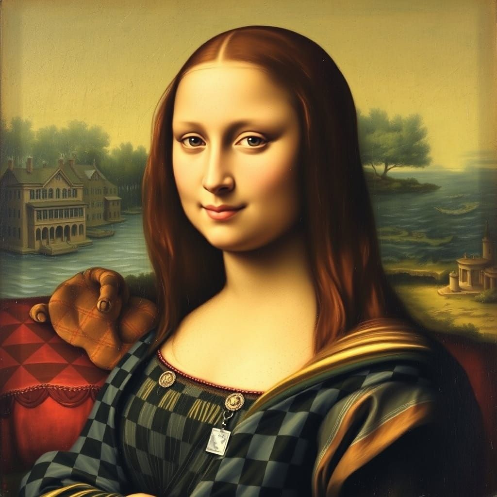 Mona Lisa Wears Checkered Delight in Oil Painting
