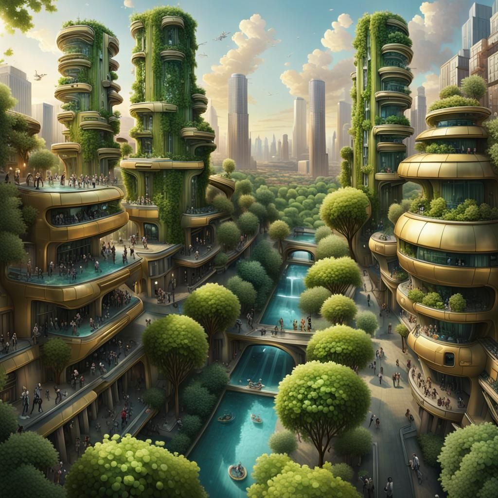 Lush Green City of the Future: Robots and Golden Streets