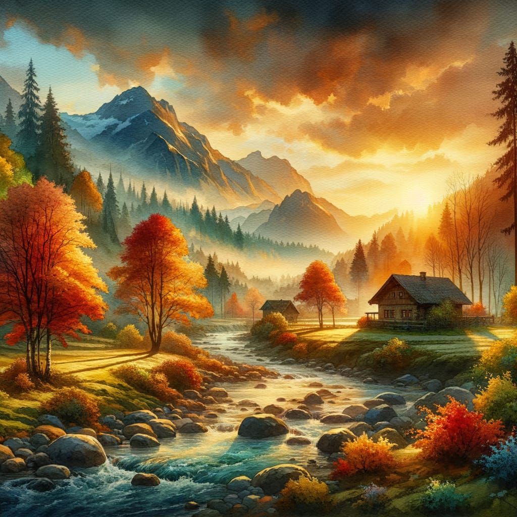 Autumn Sunset Watercolor Landscape Painting