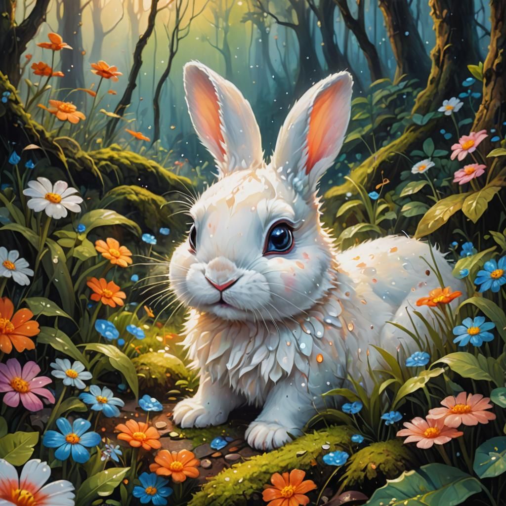 Crying Bunny in Forest: Fantasy Oil Painting