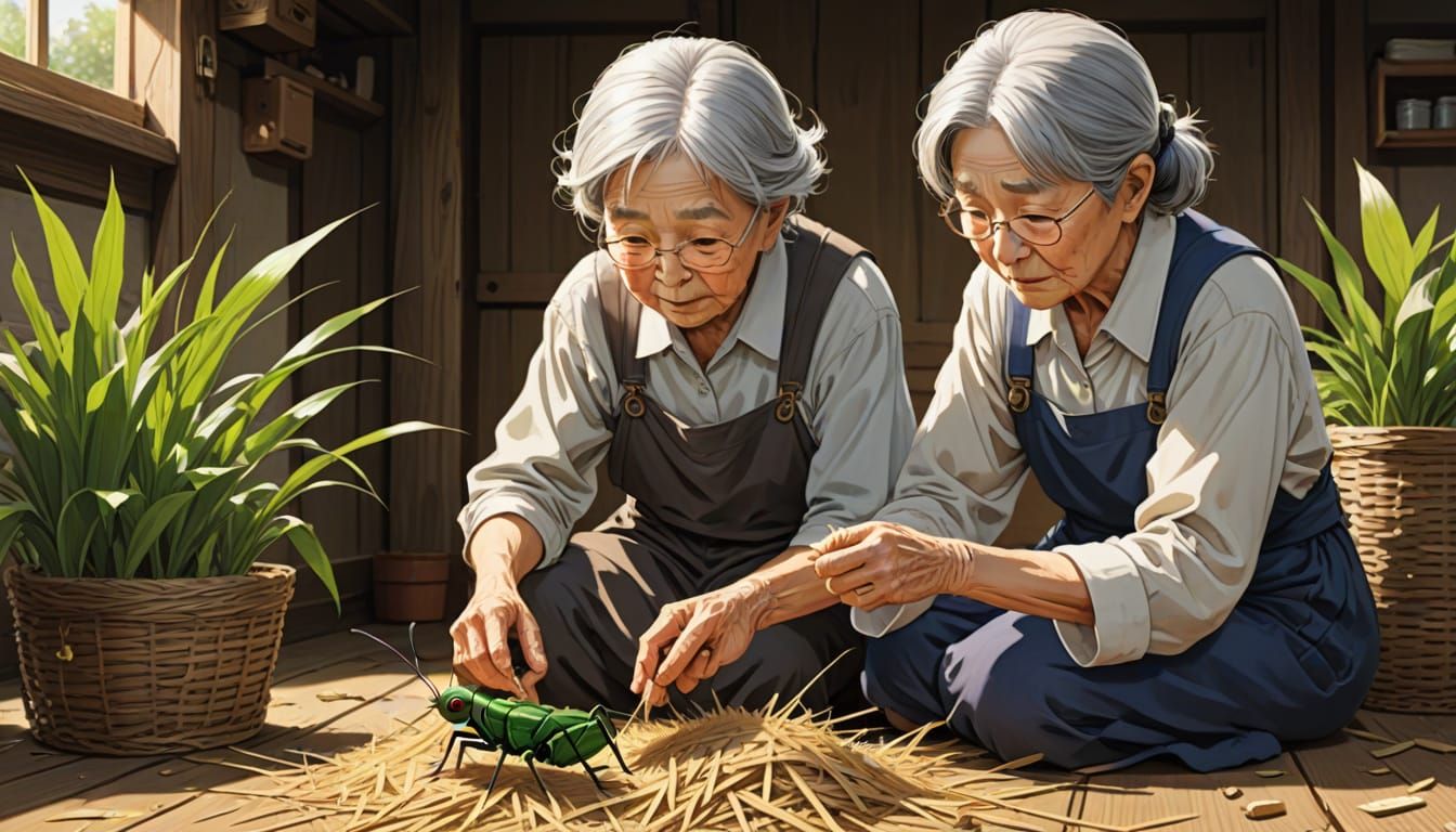 Grandmother and Grandson Create Handmade Straw Crickets in a...