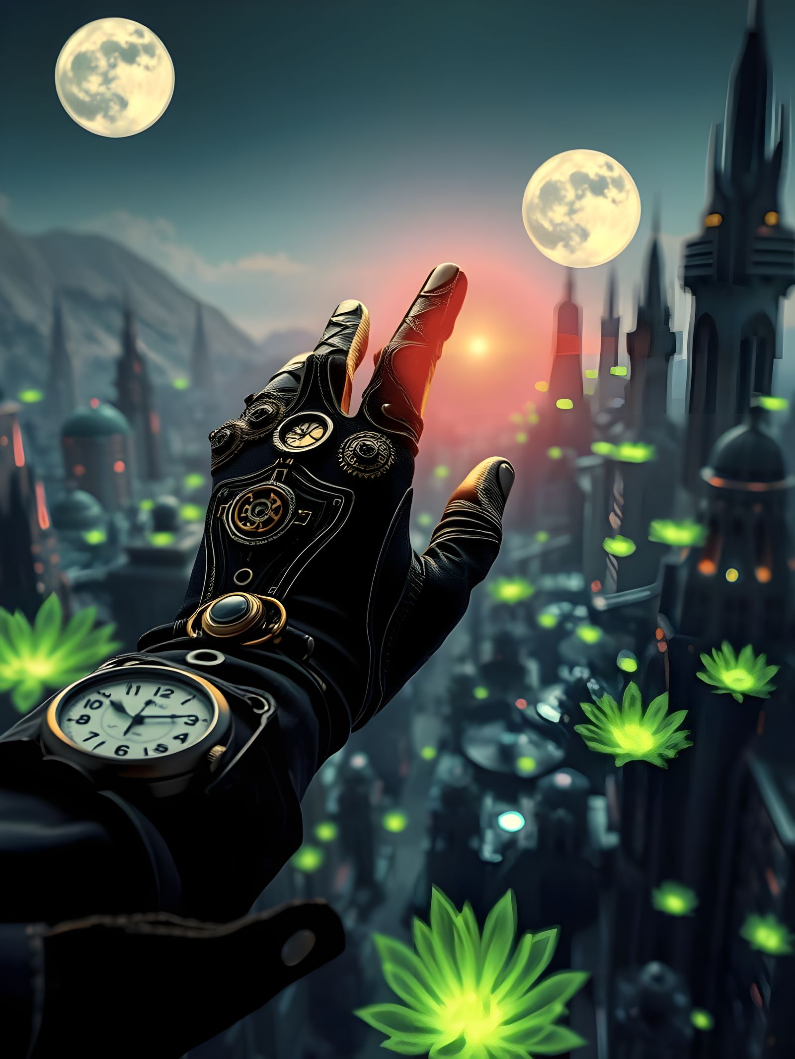 Steampunk Time Traveller Reaching for Alien City Moon