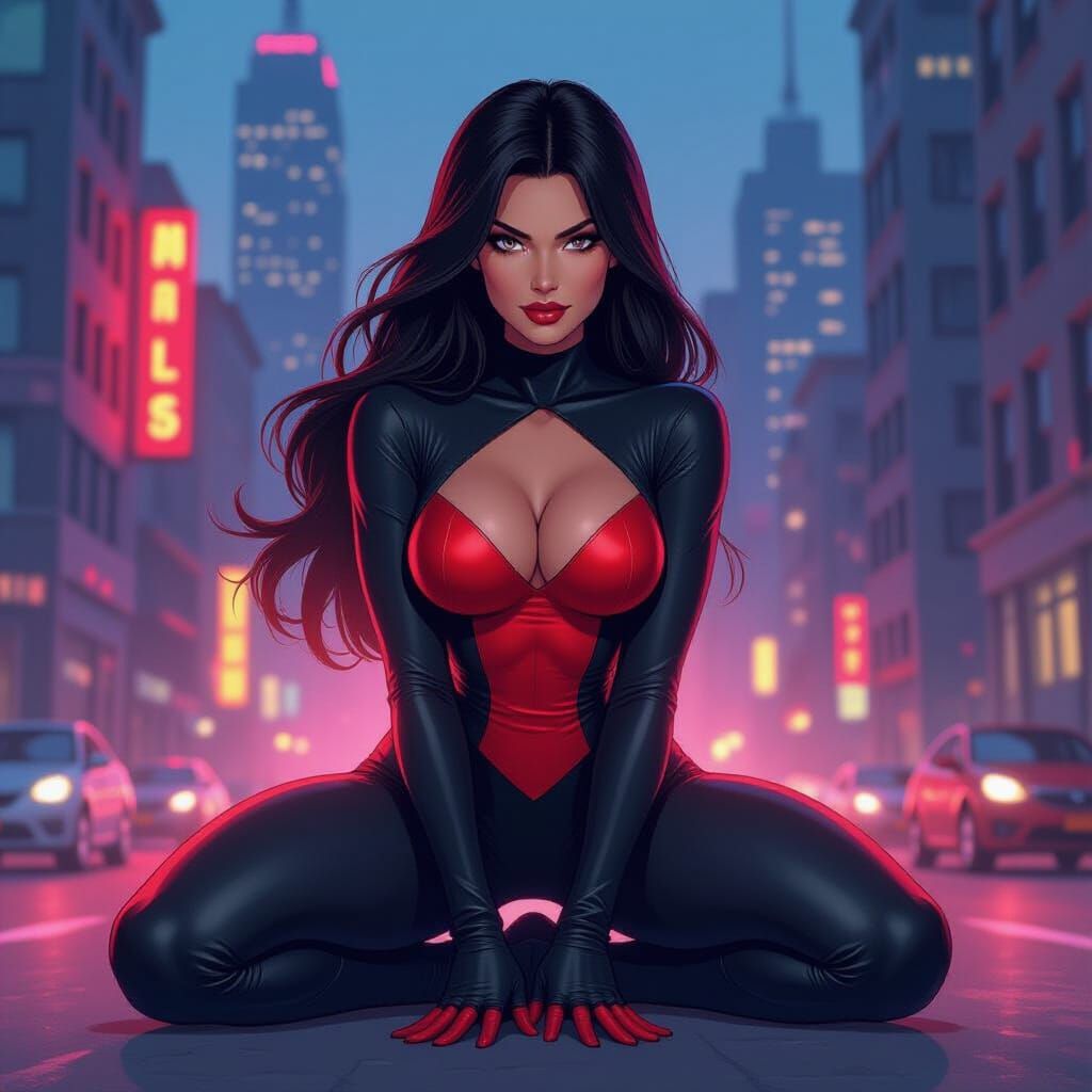 Heroine Ladybug Sits Wide-Legged on Knees in Neon Dusk