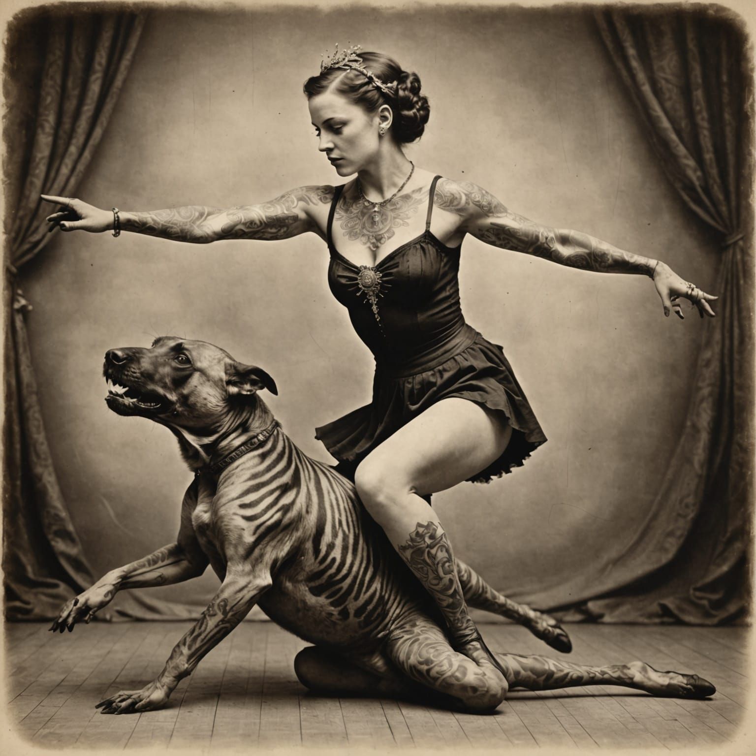 Vintage Sepia Photo of Tattooed Contortionist