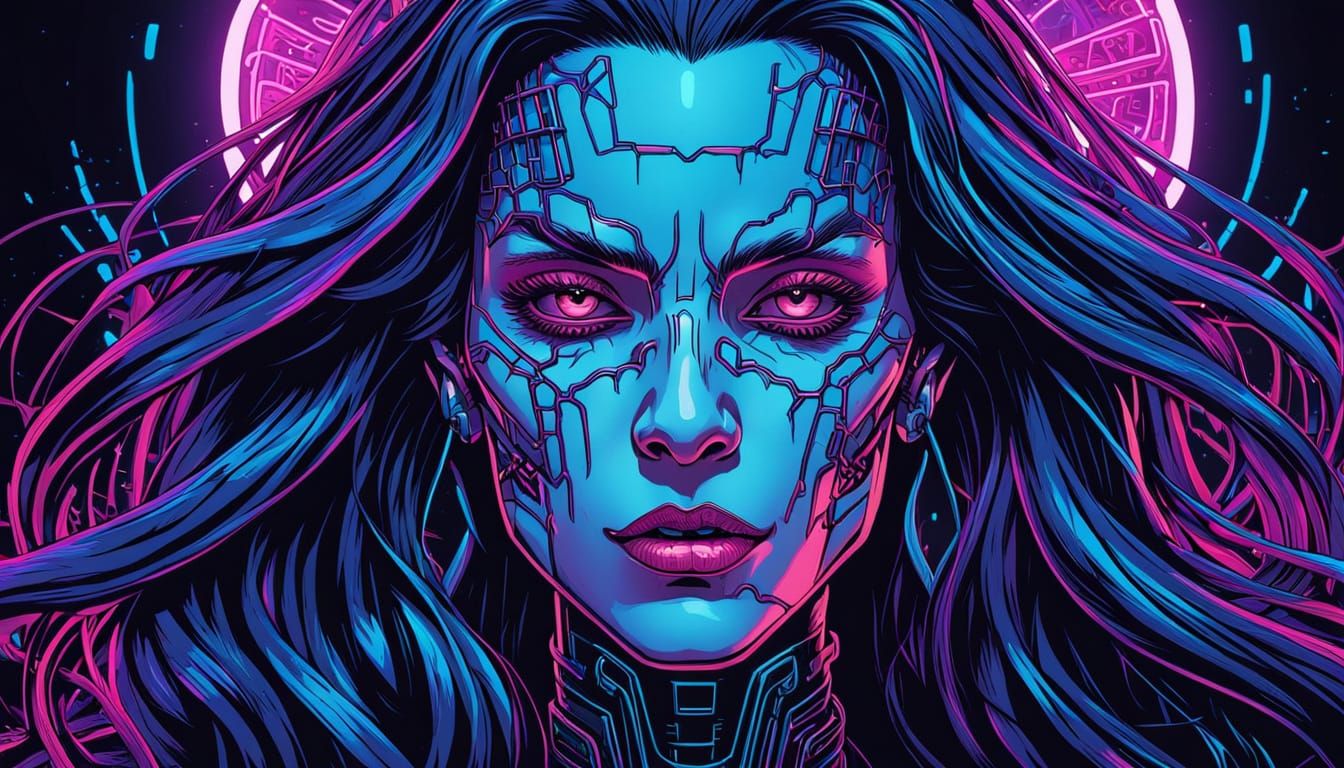 Cyborg Vampire Witch Portrait in Pop Art Style