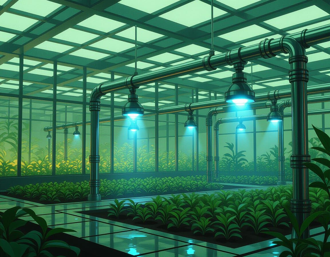 Futuristic Sprinkler System in Sleek Greenhouse