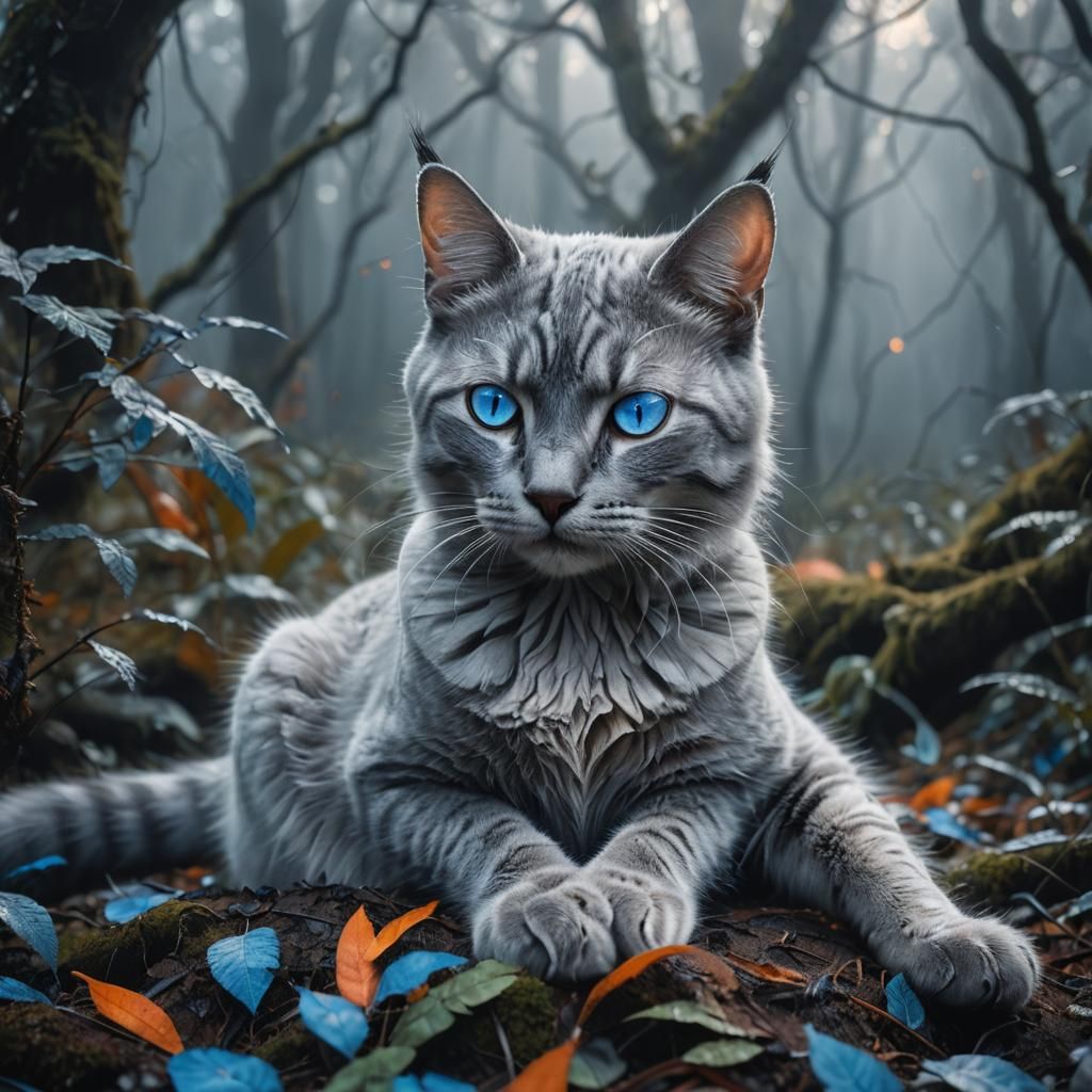 Gray Cat Portrait in Mystical Forest