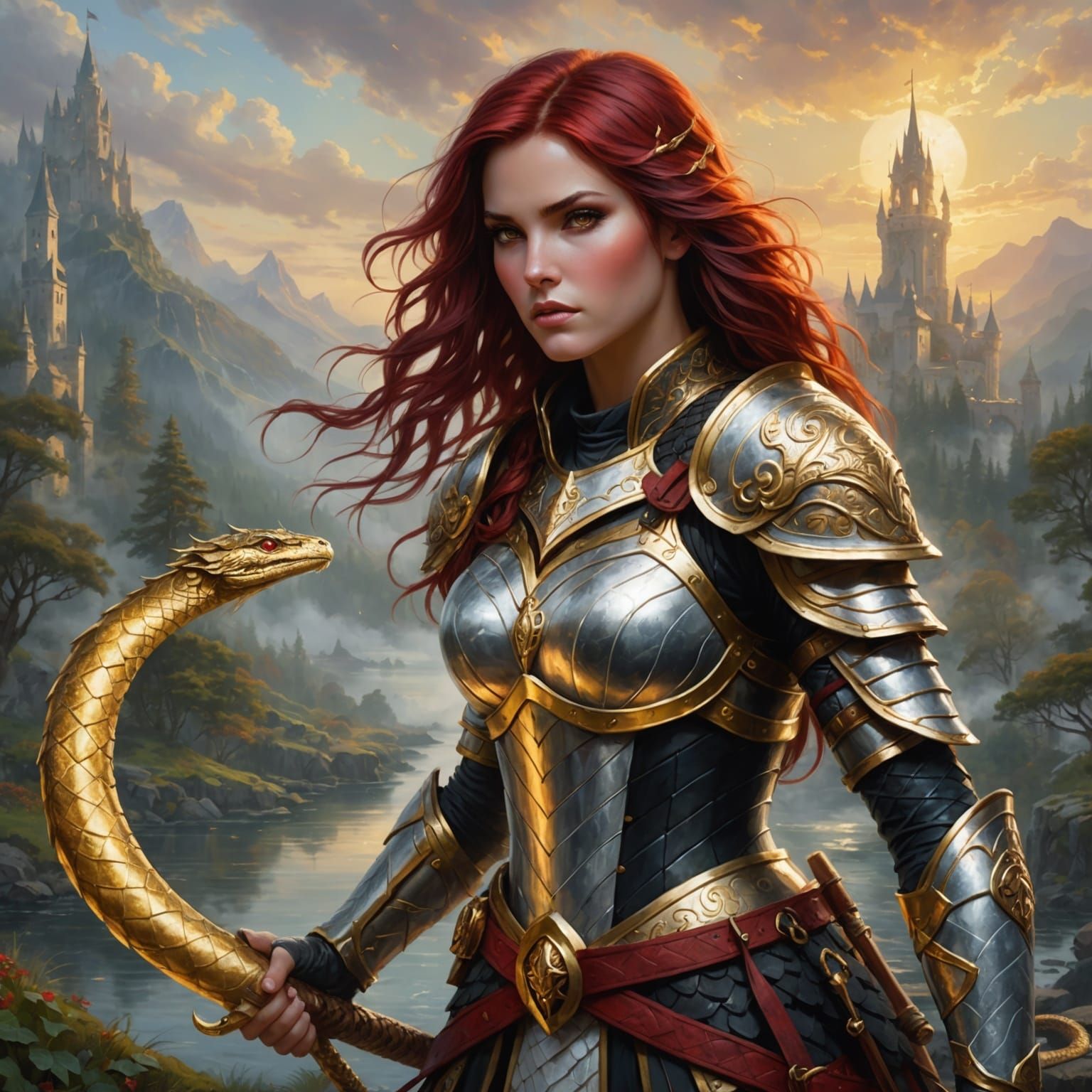 Ethereal Female Warrior with Serpent in Fantasy Style