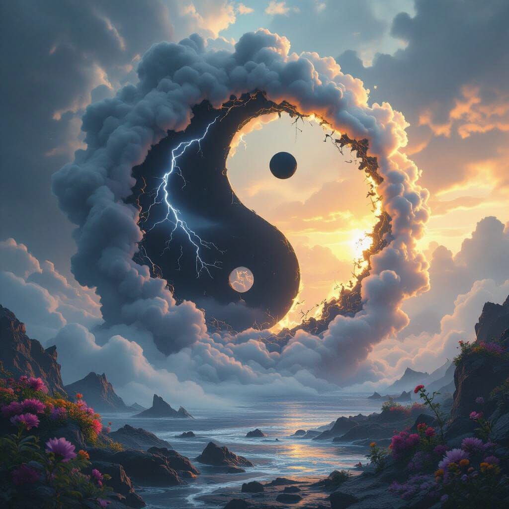 Yin-Yang Symbol Emerging from Smoke with Contrasting Sides