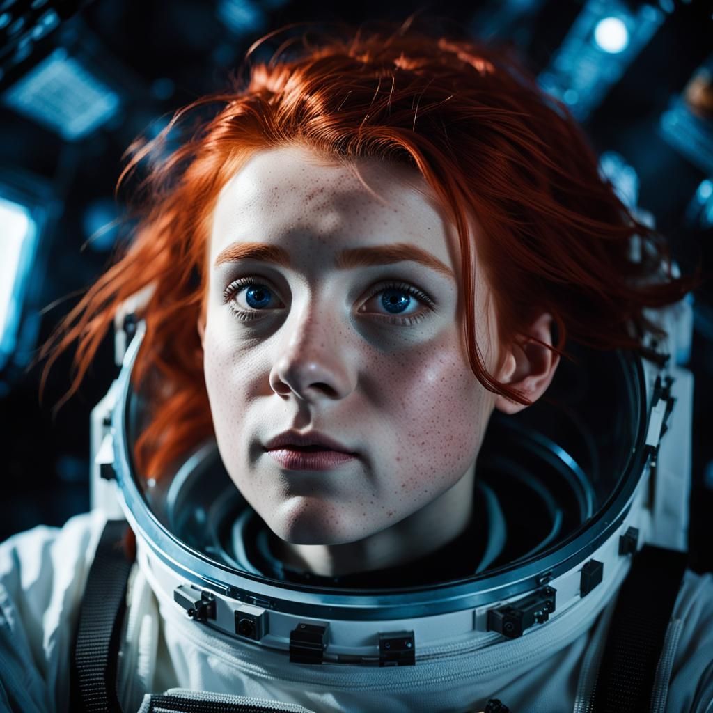 Red-Haired Astronaut in Zero Gravity, Cinematic Portrait