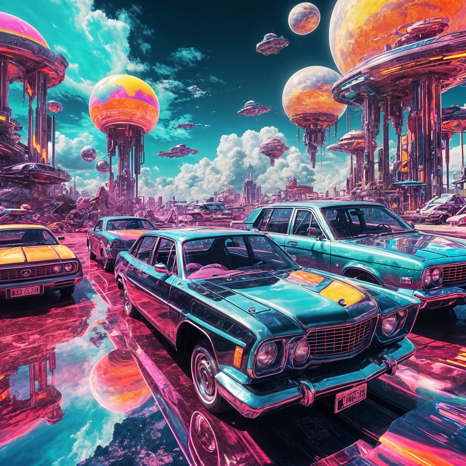 Surreal Futuristic Cars in Glitchcore Dreamscape