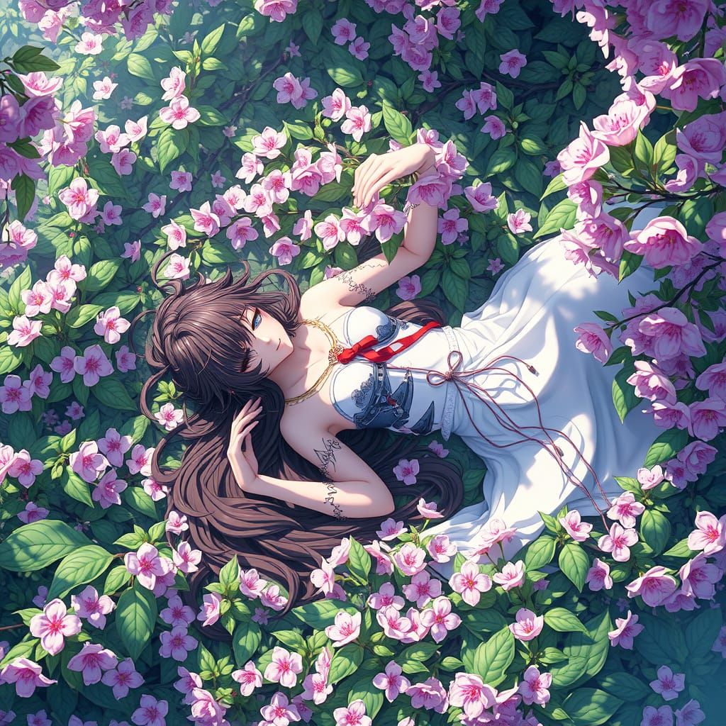 Serene Figure in Lush Cherry Blossom Landscape