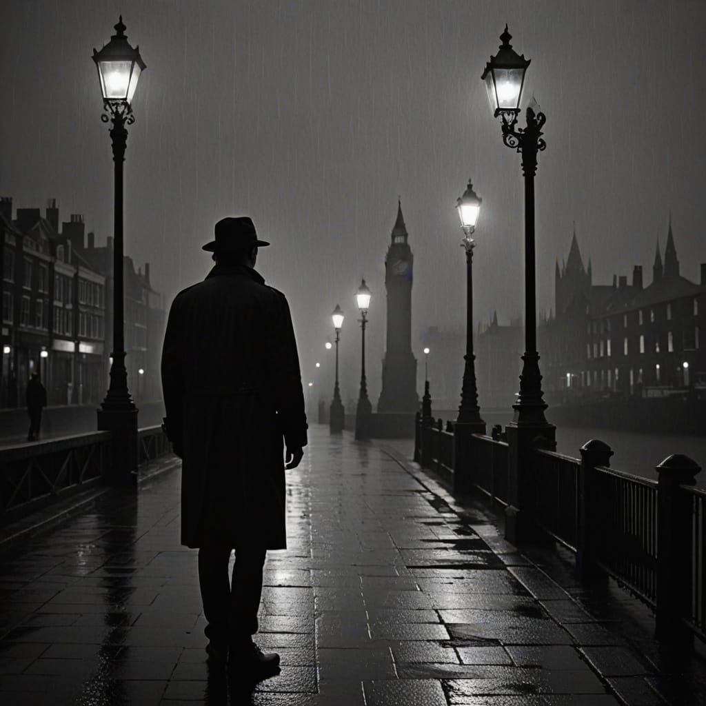 Film Noir London Docks at Night in High Contrast Black and W...