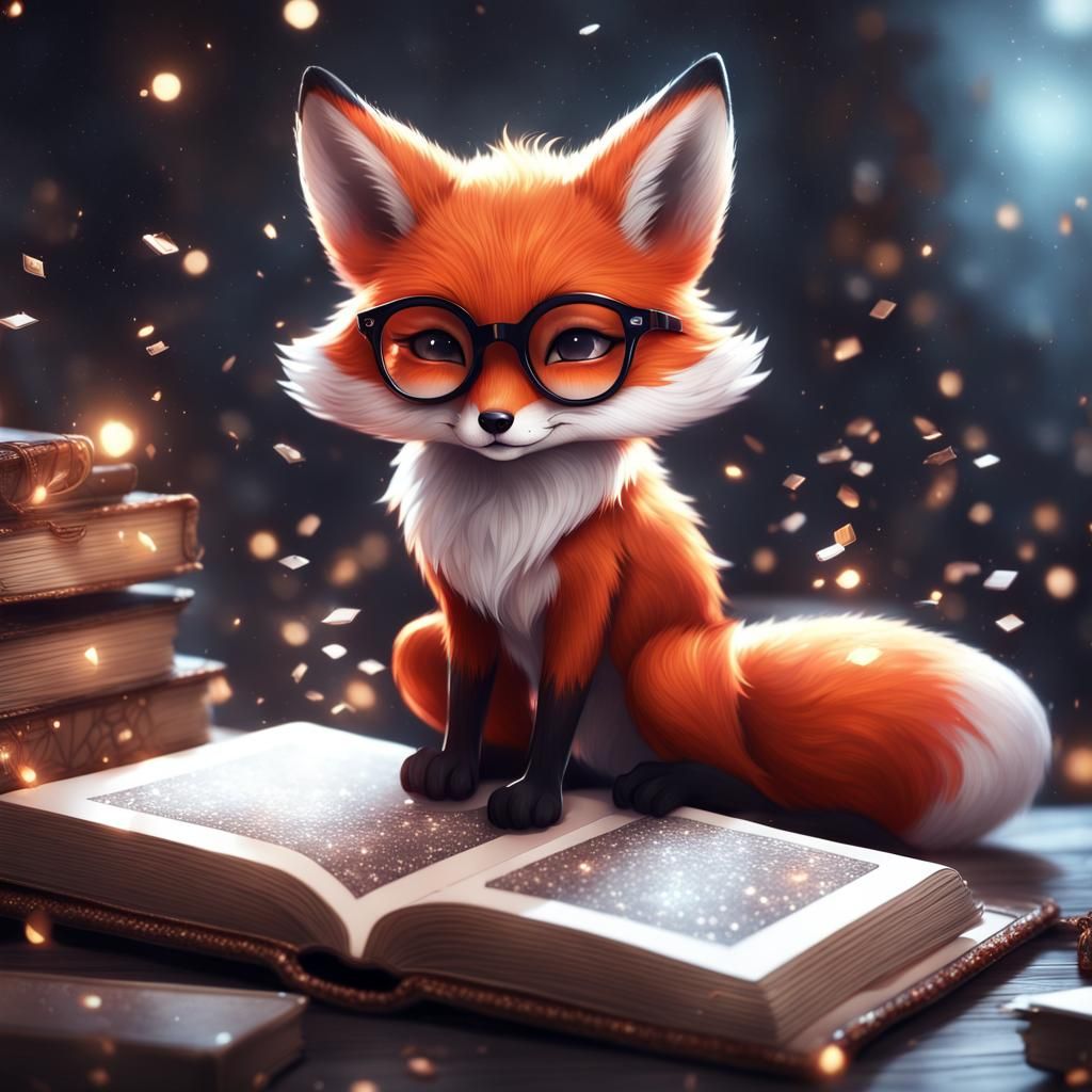 Cute Chibi Fox with Magical Book, Digital Art