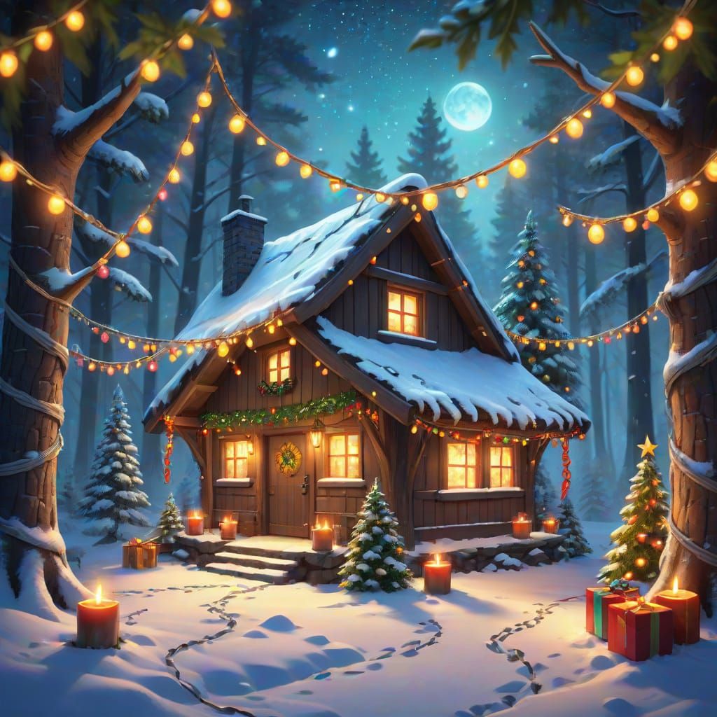 Cozy Winter Cottage Gathering in Snowy Forest