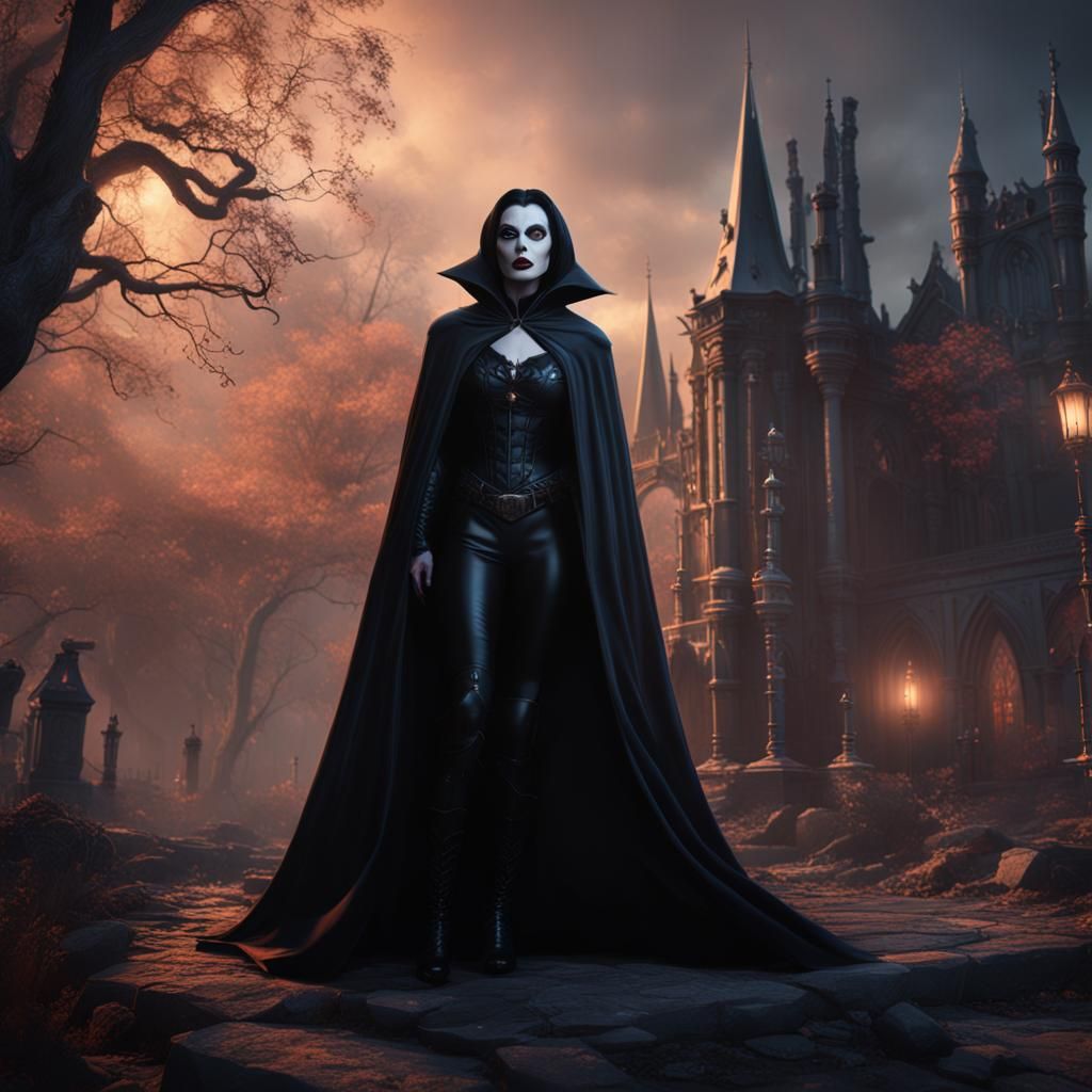 Vampira in Black Cape: Detailed Matte Painting
