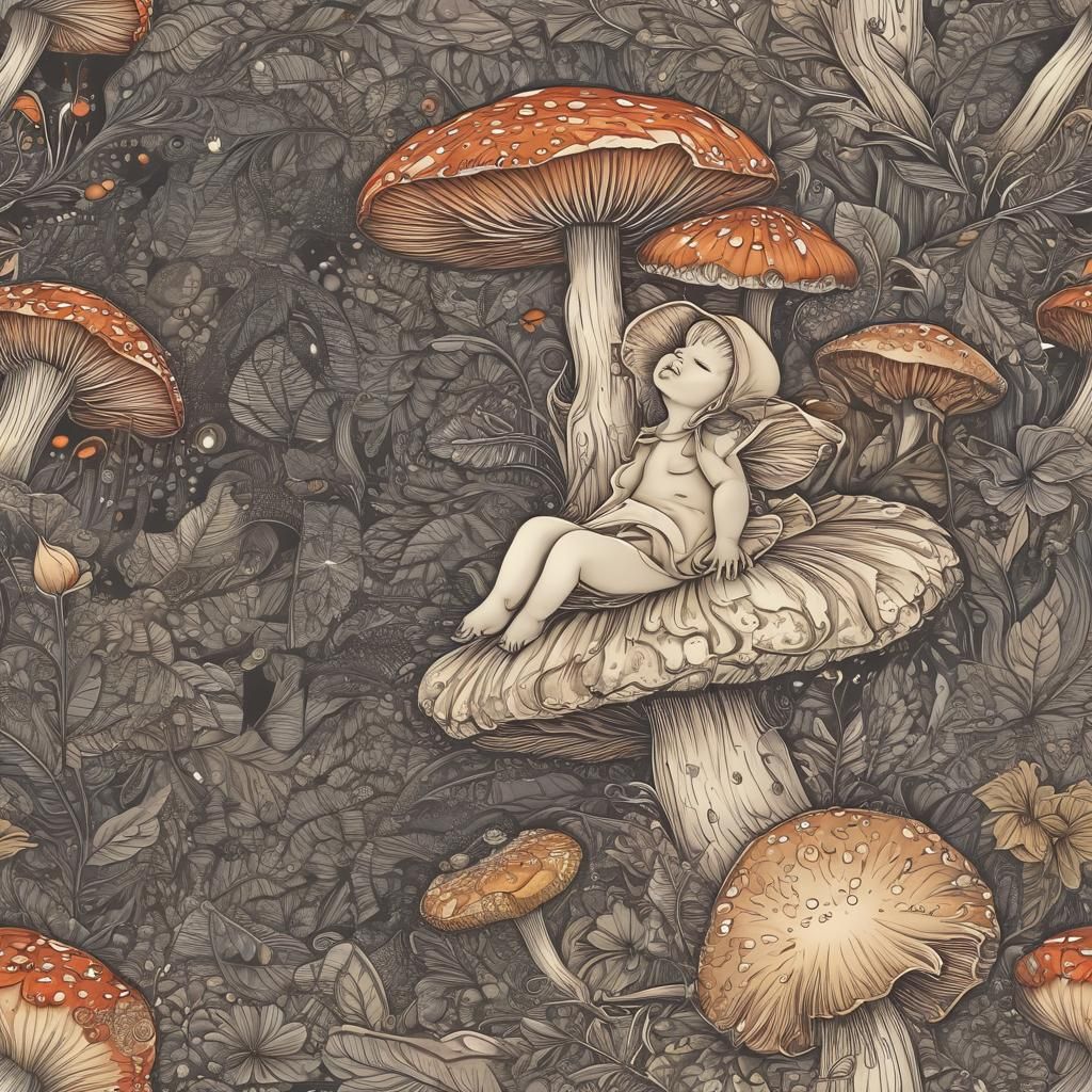 Fairy Baby Asleep on Mushroom with Fireflies