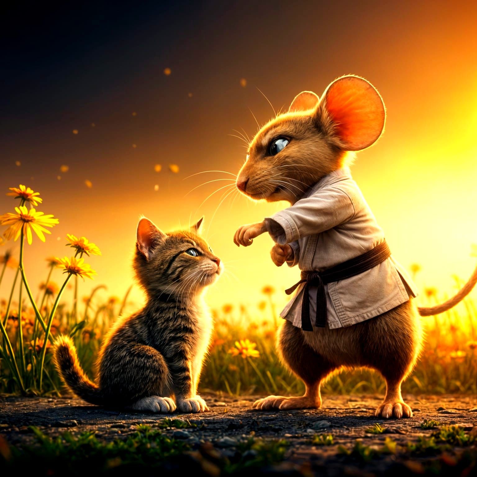 Mouse Karate Master Attacks Cat in Meadow