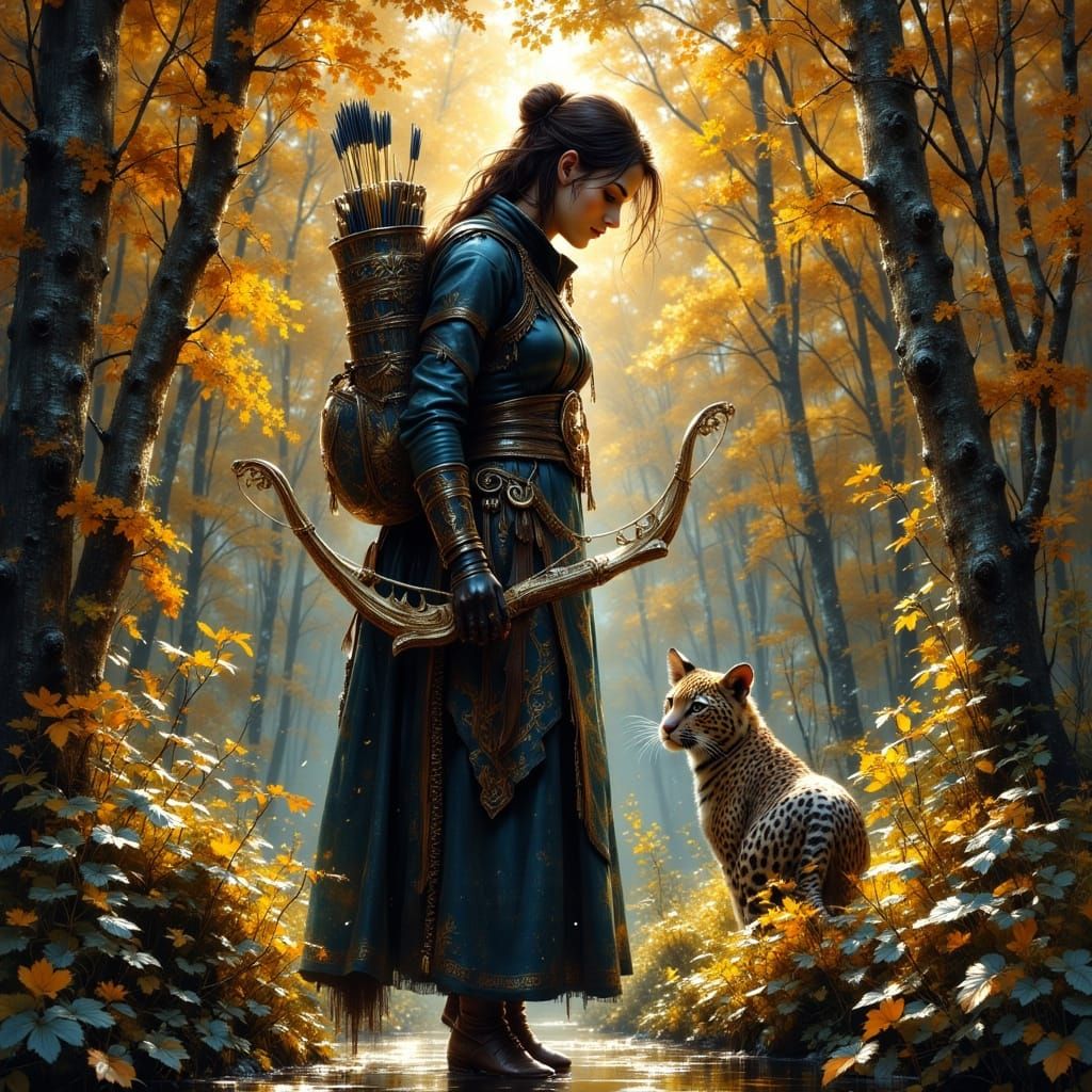 Camouflaged Woman Hunter in Eerie Realistic Style