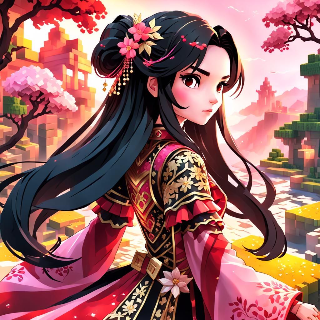 Minecraft Character in Red and Pink Fantasy Gown