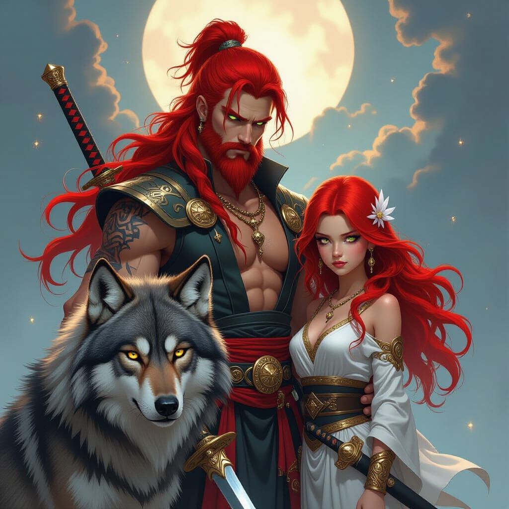 Greek God Kairos With Daughter Adara and Wolf Companion