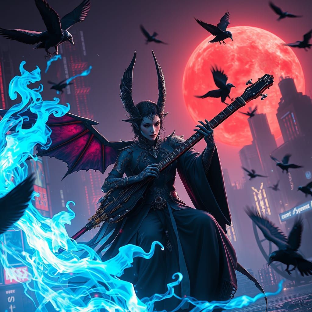 Vampire Goddess AI Plays Shamisen in Cyberpunk City Under Re...