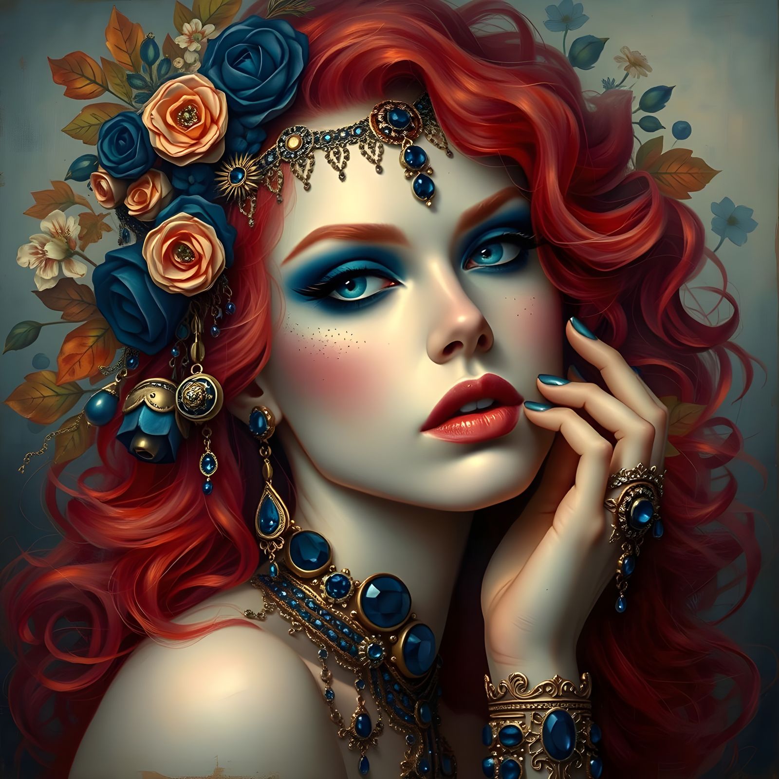 Ginger Woman with Blue Makeup in Art Deco Style