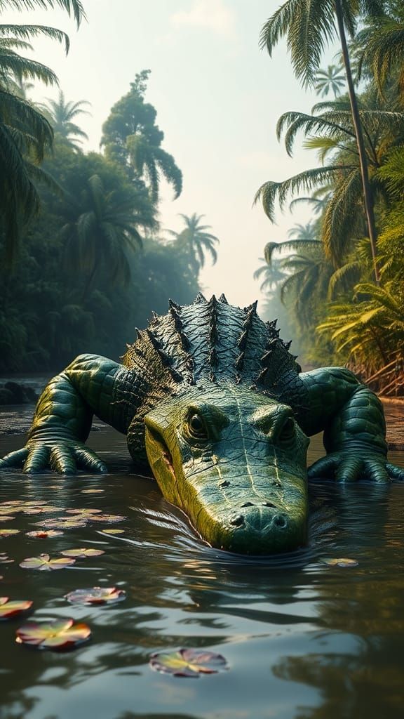 Alligator Hulk Crawling Through Jungle River