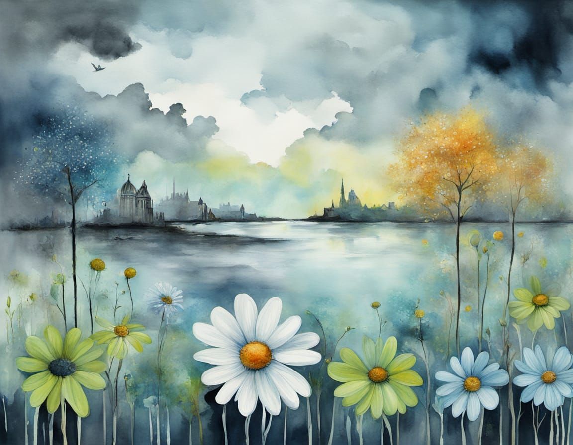 Abstract Surrealism Painting of Stylized Fruit and Clouds