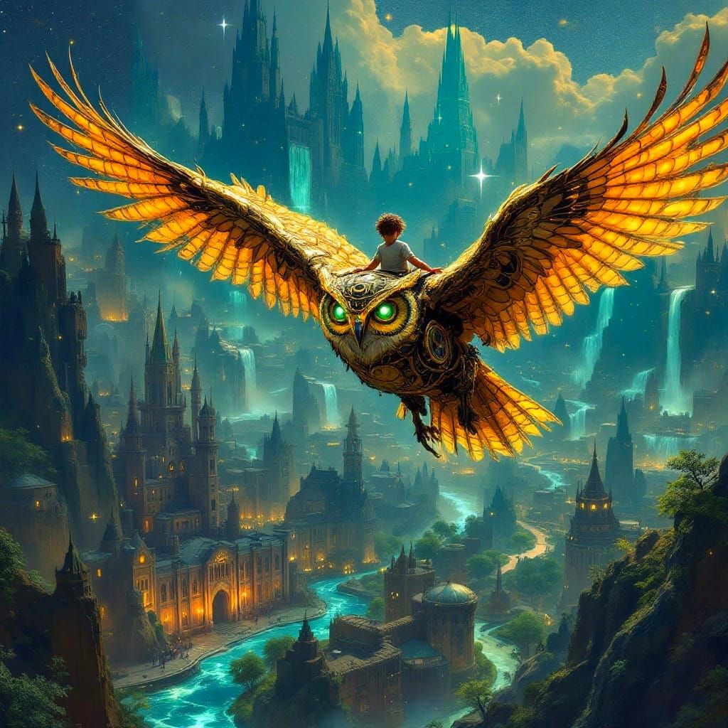Clockwork Owl Soars Through a Fantastical City