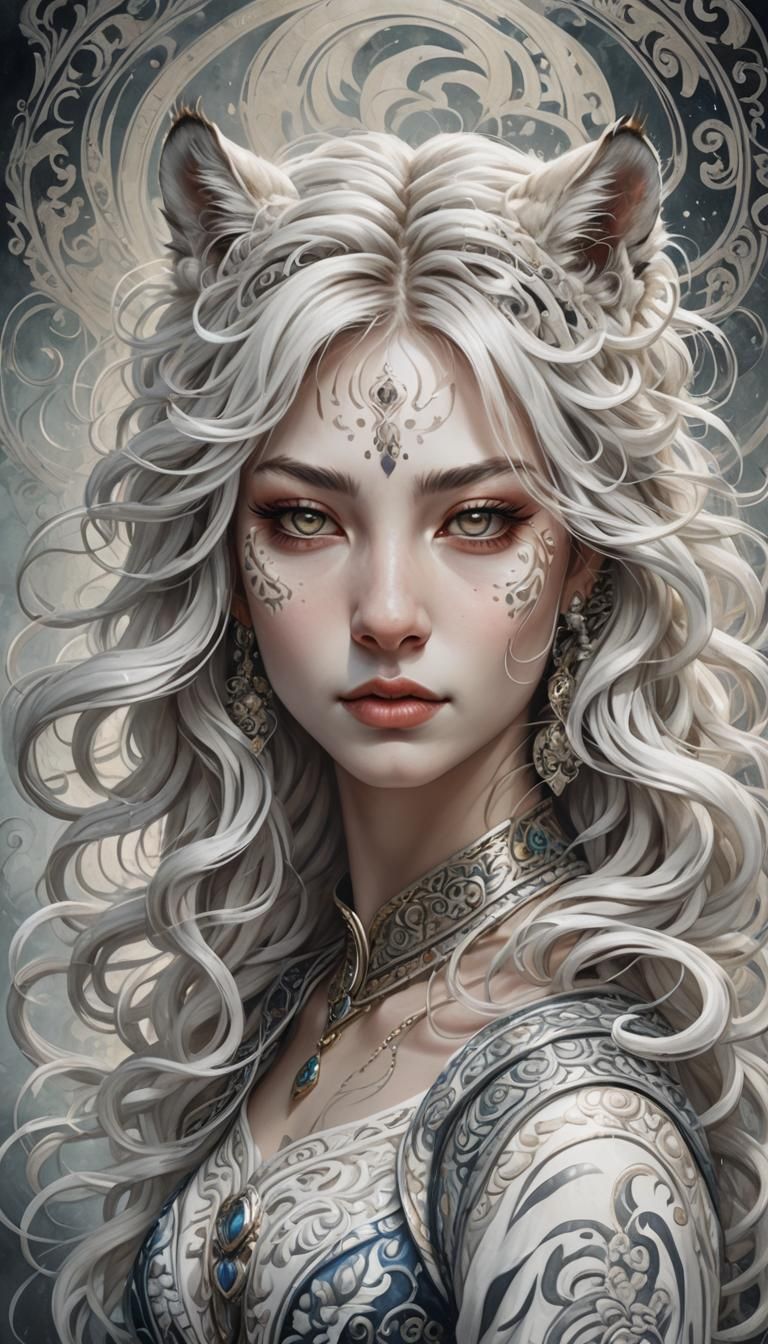 Fantasy White Tiger Girl Portrait in Watercolor Style