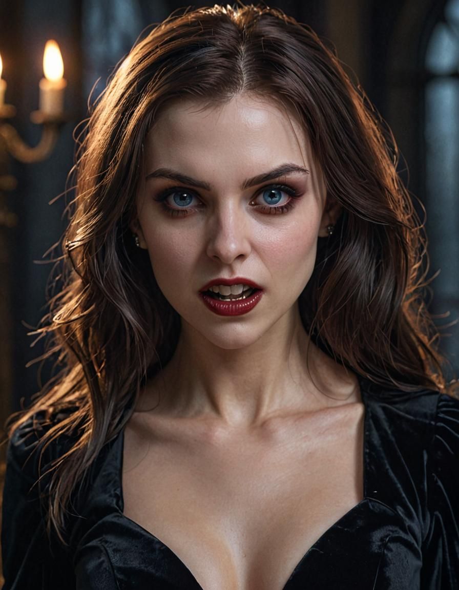 Vampire in Velvet Dress with Piercing Blue Eyes