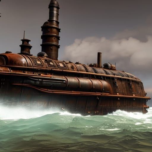 Steampunk Submarine Combat in Dark Fantasy Style