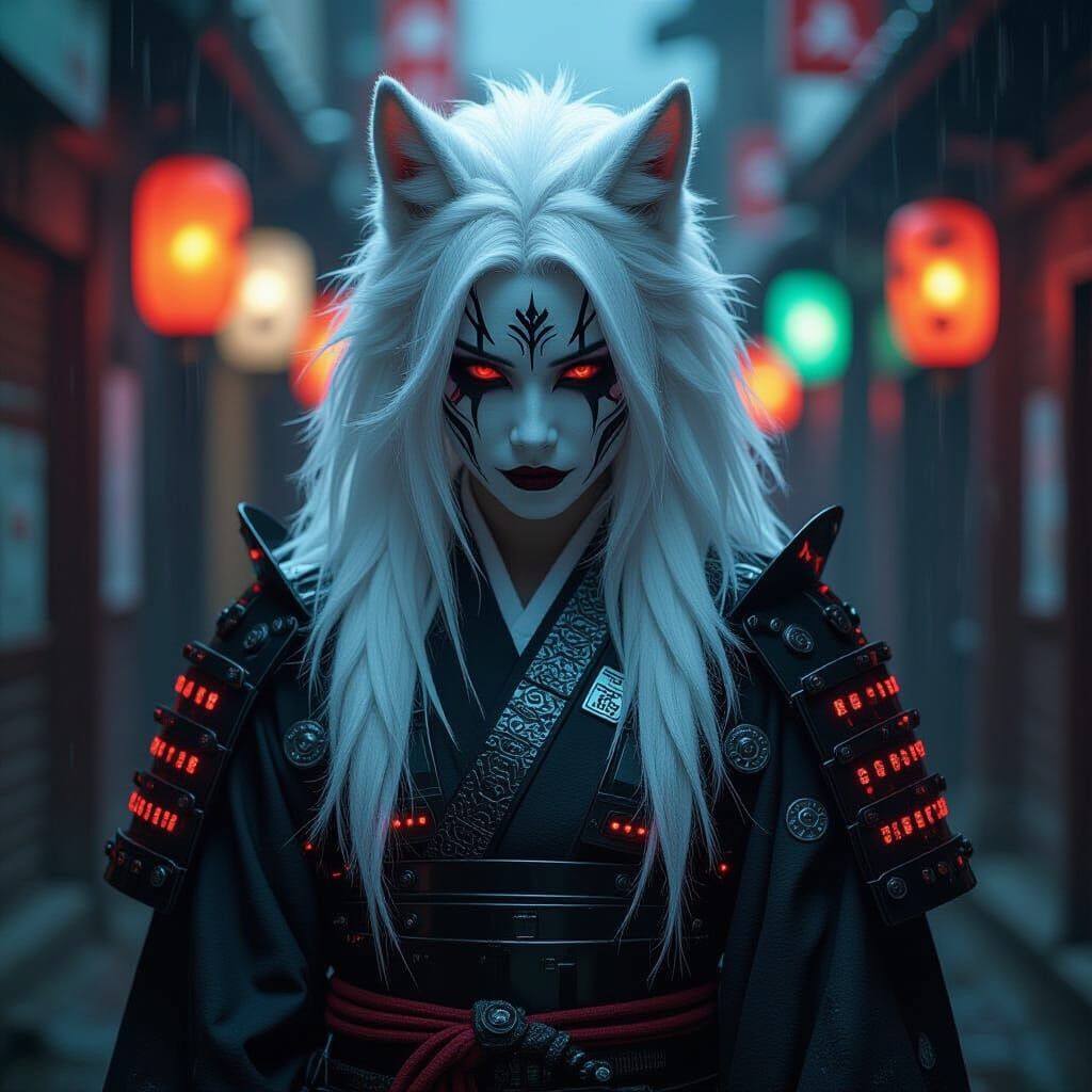 Gothic Cyberpunk Werewolf Samurai in Neon Alley