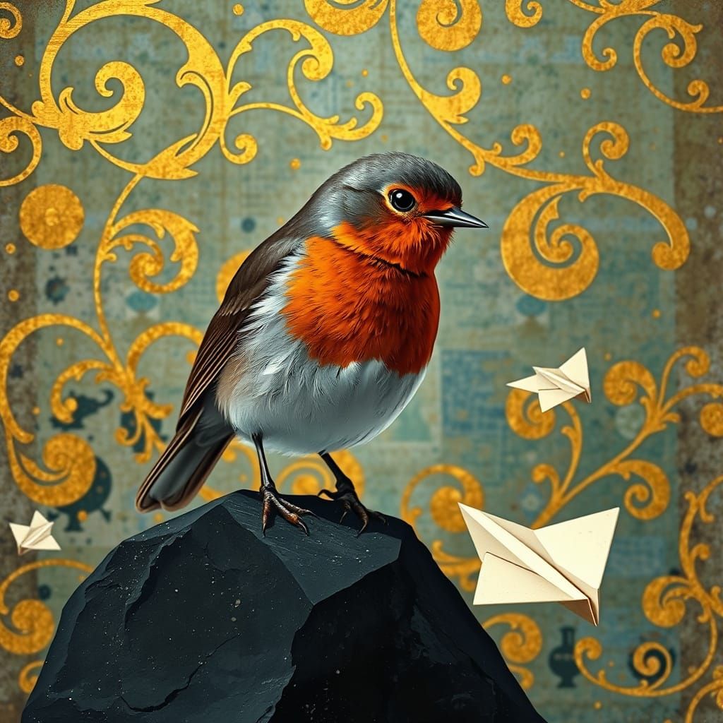 Colorful Robin with Klimt Gold and Paper Plane